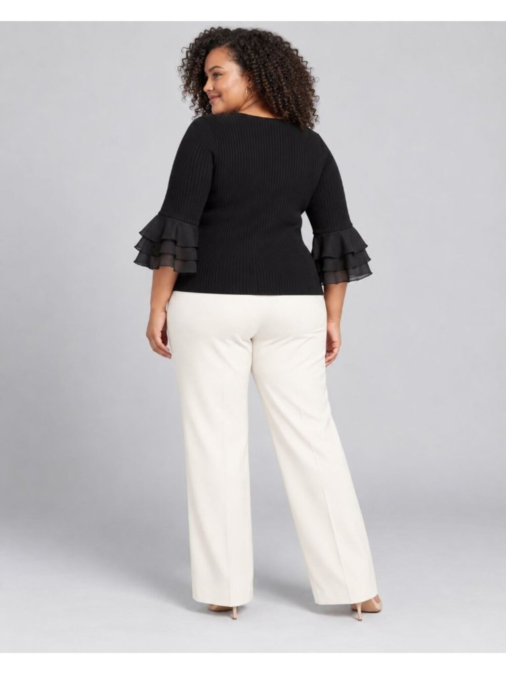 Design History XXL Black Ribbed Knit Top Tiered Ruffle Bell Sleeve Blouse Dressy - Picture 7 of 8